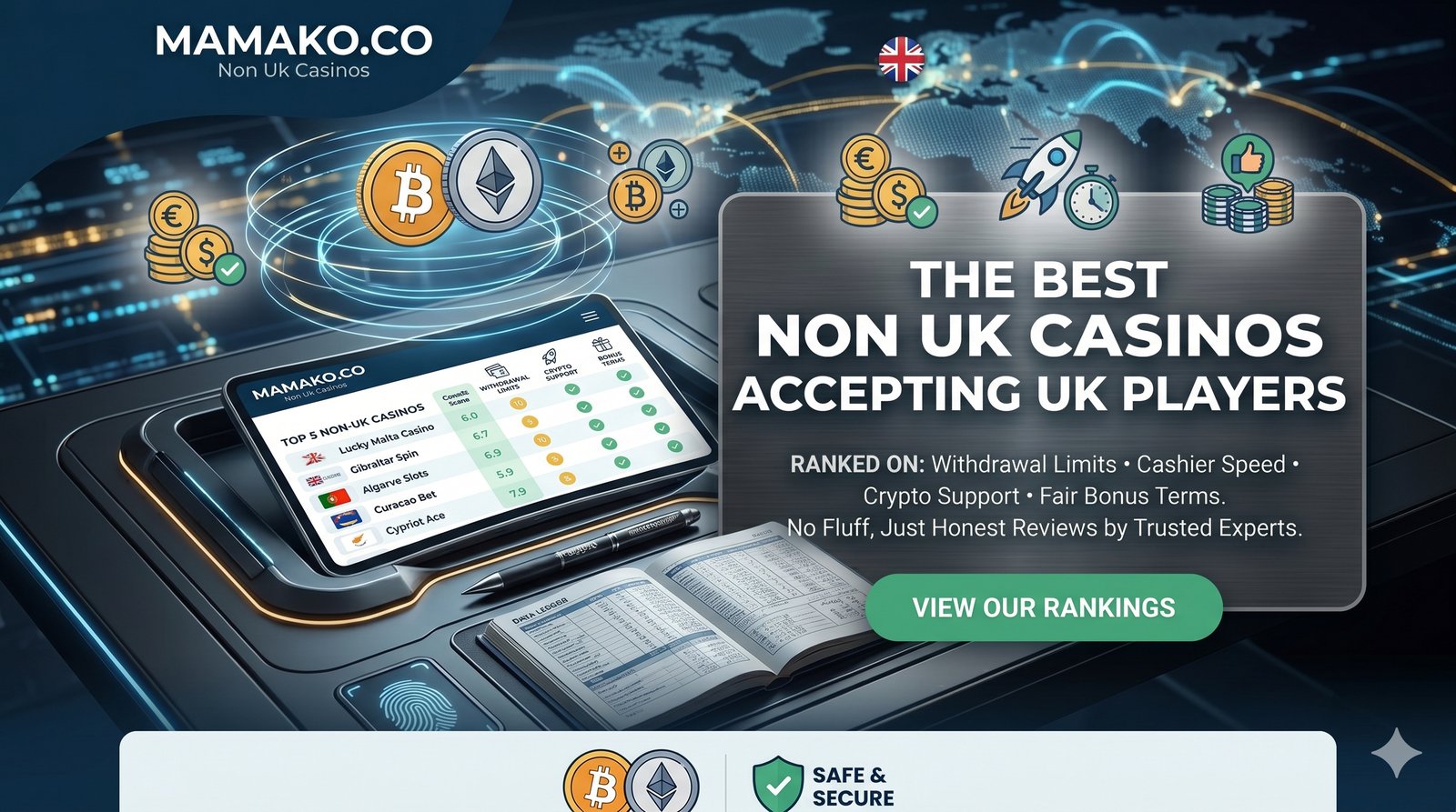 Mamako ranking of the best non uk casinos accepting UK players, compared on withdrawal limits, cashier speed, crypto support and bonus terms